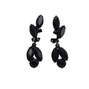 Black Rhinestone Clip-On Drop Earrings 2 Inches Long Vintage Costume Jewelry